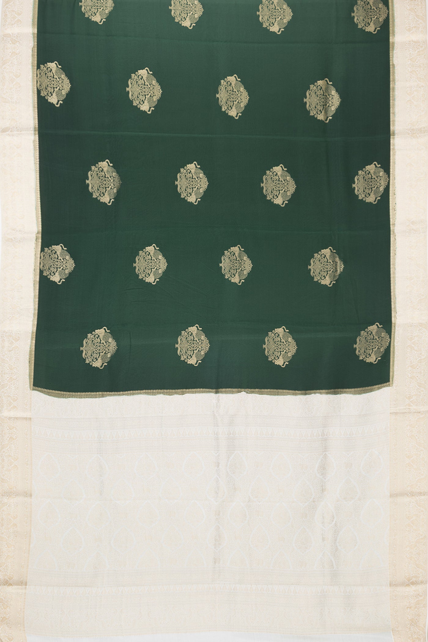 Flat view of Bottle Green Dual Tone Mysore Silk Saree with Zari Butta on the body and Zari Border. 