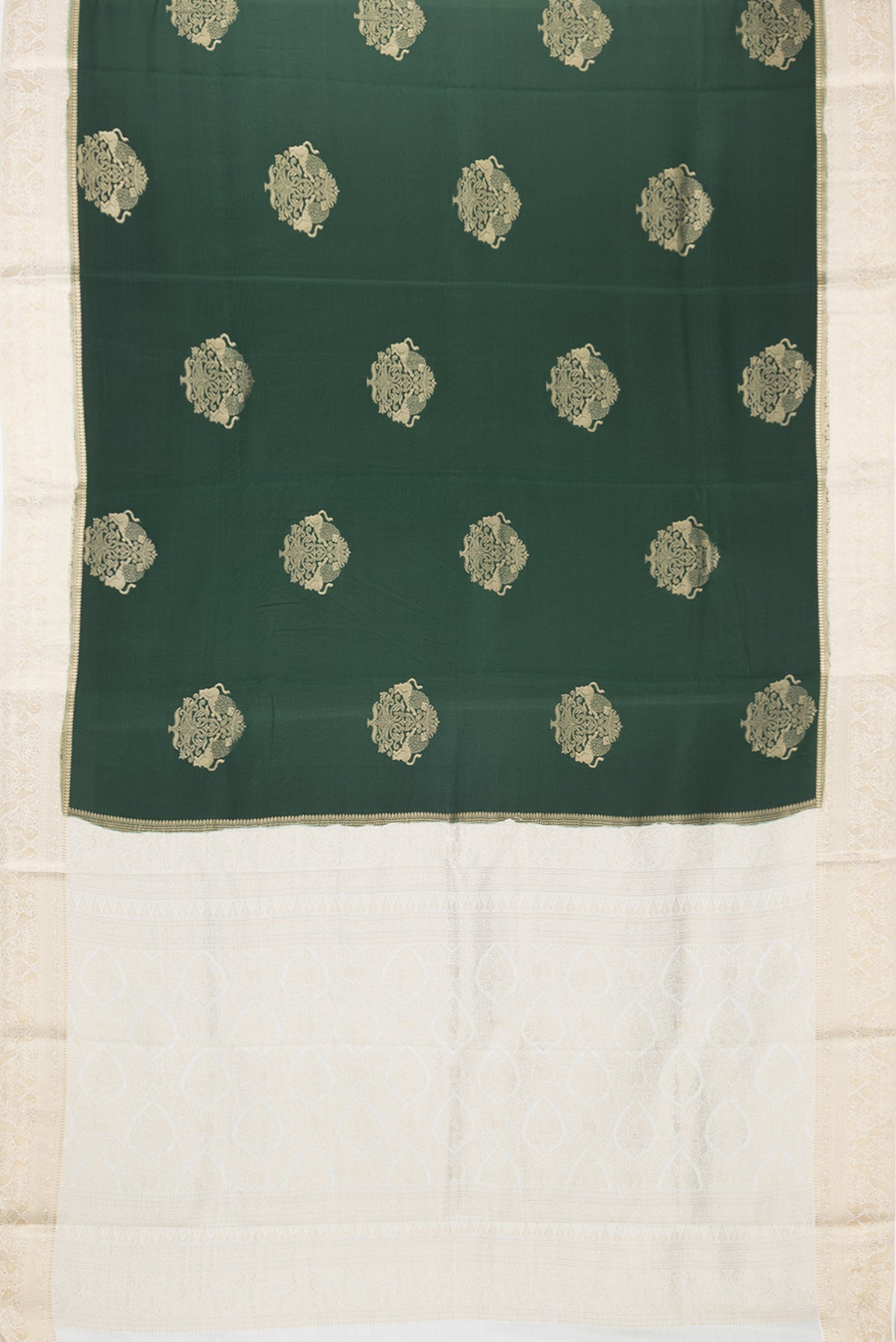 Flat view of Bottle Green Dual Tone Mysore Silk Saree with Zari Butta on the body and Zari Border. 
