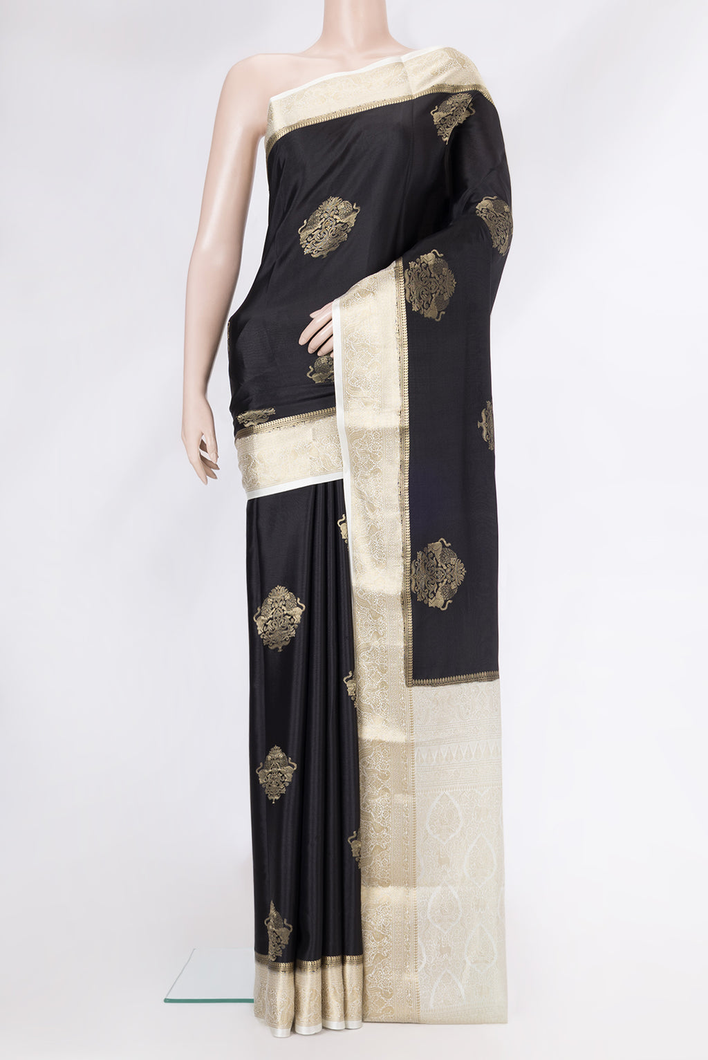 Black Dual Tone Mysore Silk Saree with Zari Butta on the body and Zari Border.  displayed on a mannequin