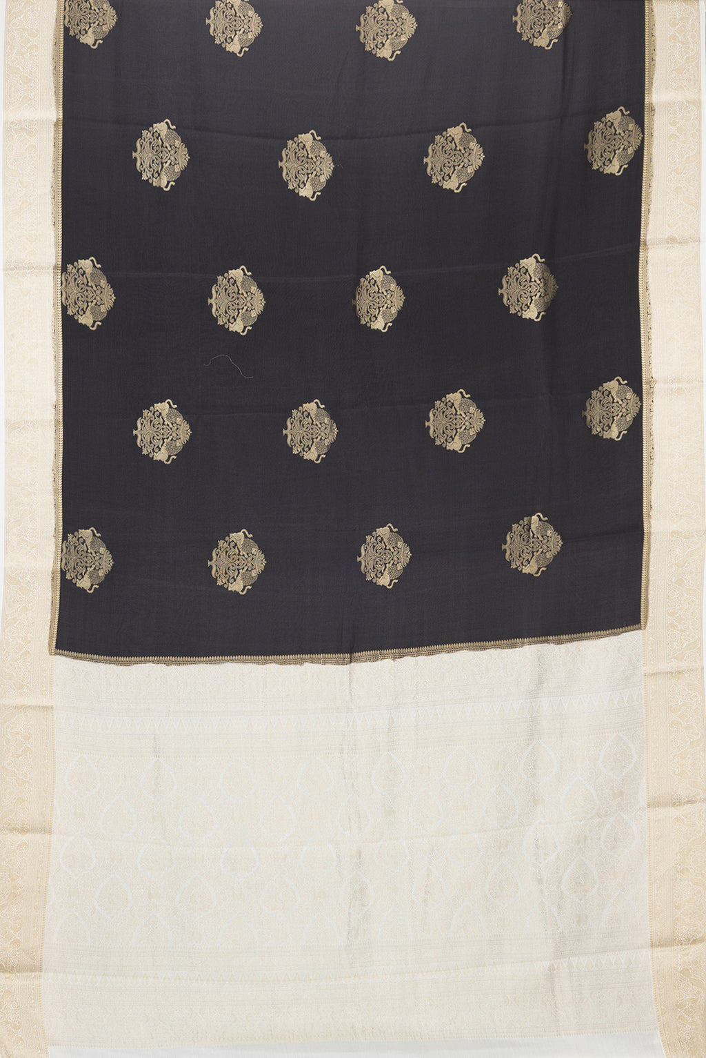 Flat view of Black Dual Tone Mysore Silk Saree with Zari Butta on the body and Zari Border. 