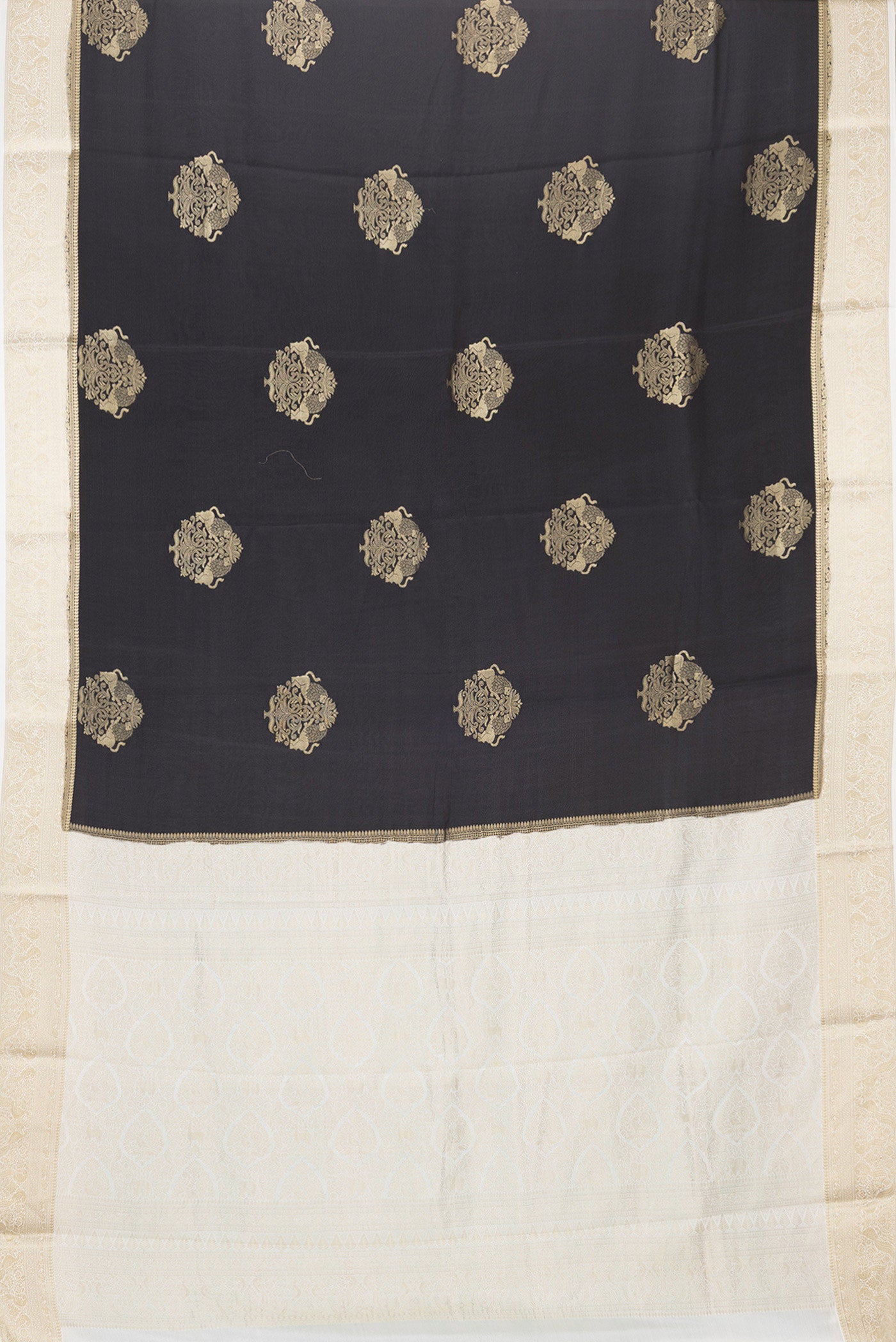 Flat view of Black Dual Tone Mysore Silk Saree with Zari Butta on the body and Zari Border. 