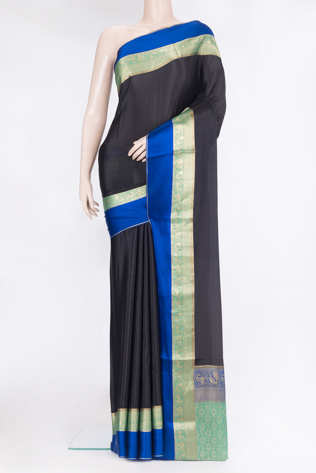 Black Mysore Silk Saree with Plain Body and Fancy Border.  displayed on a mannequin