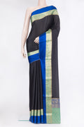 Black Mysore Silk Saree with Plain Body and Fancy Border.  displayed on a mannequin