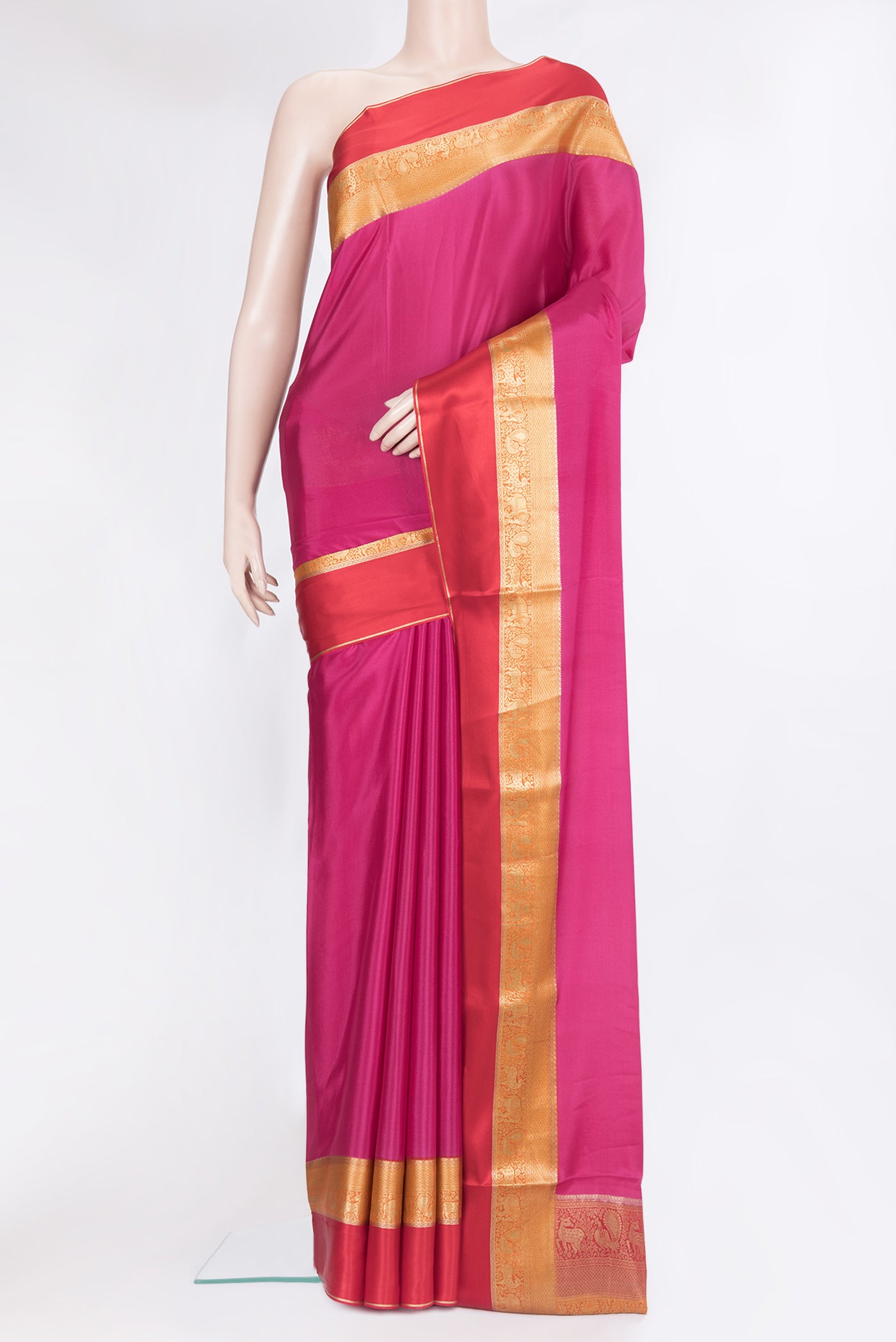Pink Mysore Silk Saree with Plain Body and Fancy Border.  displayed on a mannequin