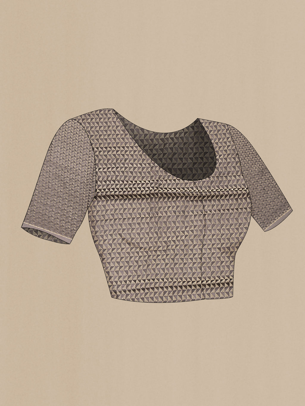 Close up image of the blouse of Grey Mysore Chiffon Saree with Plain Body and Zari And Thread Border. 