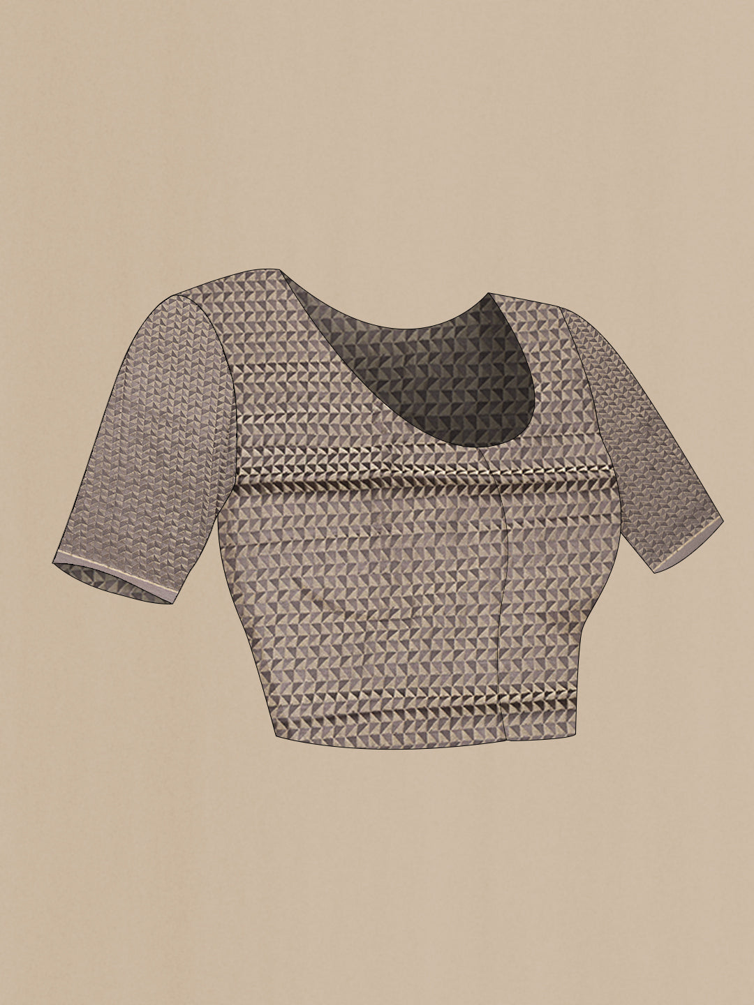 Close up image of the blouse of Grey Mysore Chiffon Saree with Plain Body and Zari And Thread Border. 