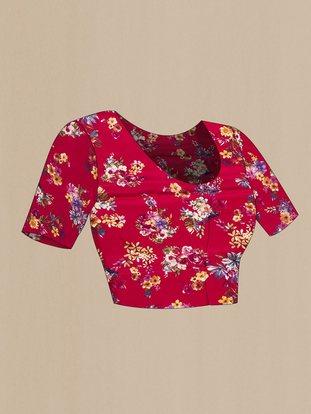 Close up image of the blouse of Maroon Crepe Saree with Floral Print on the body and Without Border. 