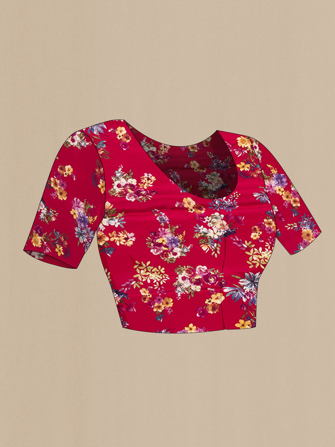 Close up image of the blouse of Maroon Crepe Saree with Floral Print on the body and Without Border. 