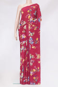 Maroon Crepe Saree with Floral Print on the body and Without Border.  displayed on a mannequin
