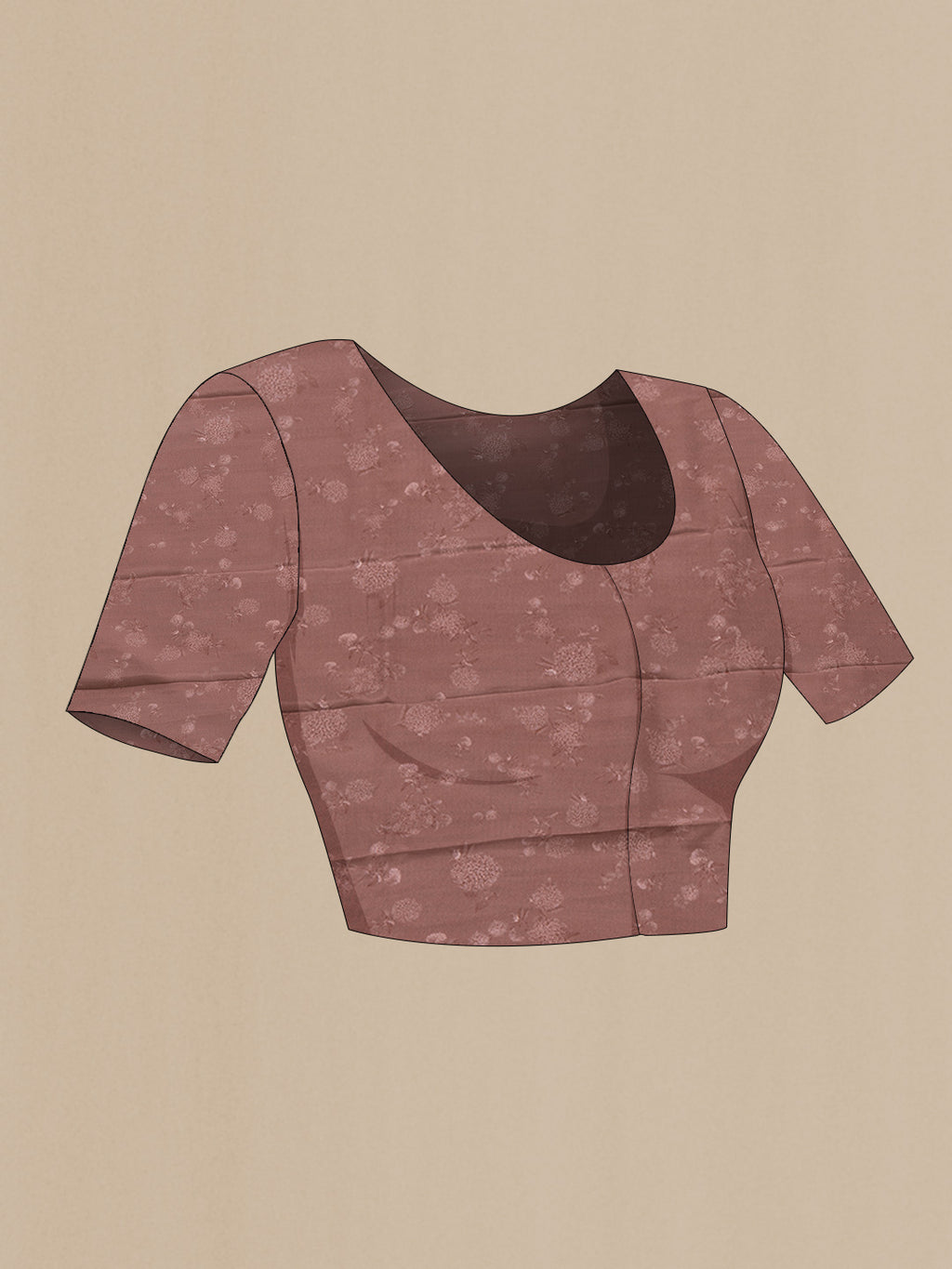 Close up image of the blouse of Brown Dual Tone Mysore Crepe Saree with Printed design on the body and Plain Border. 