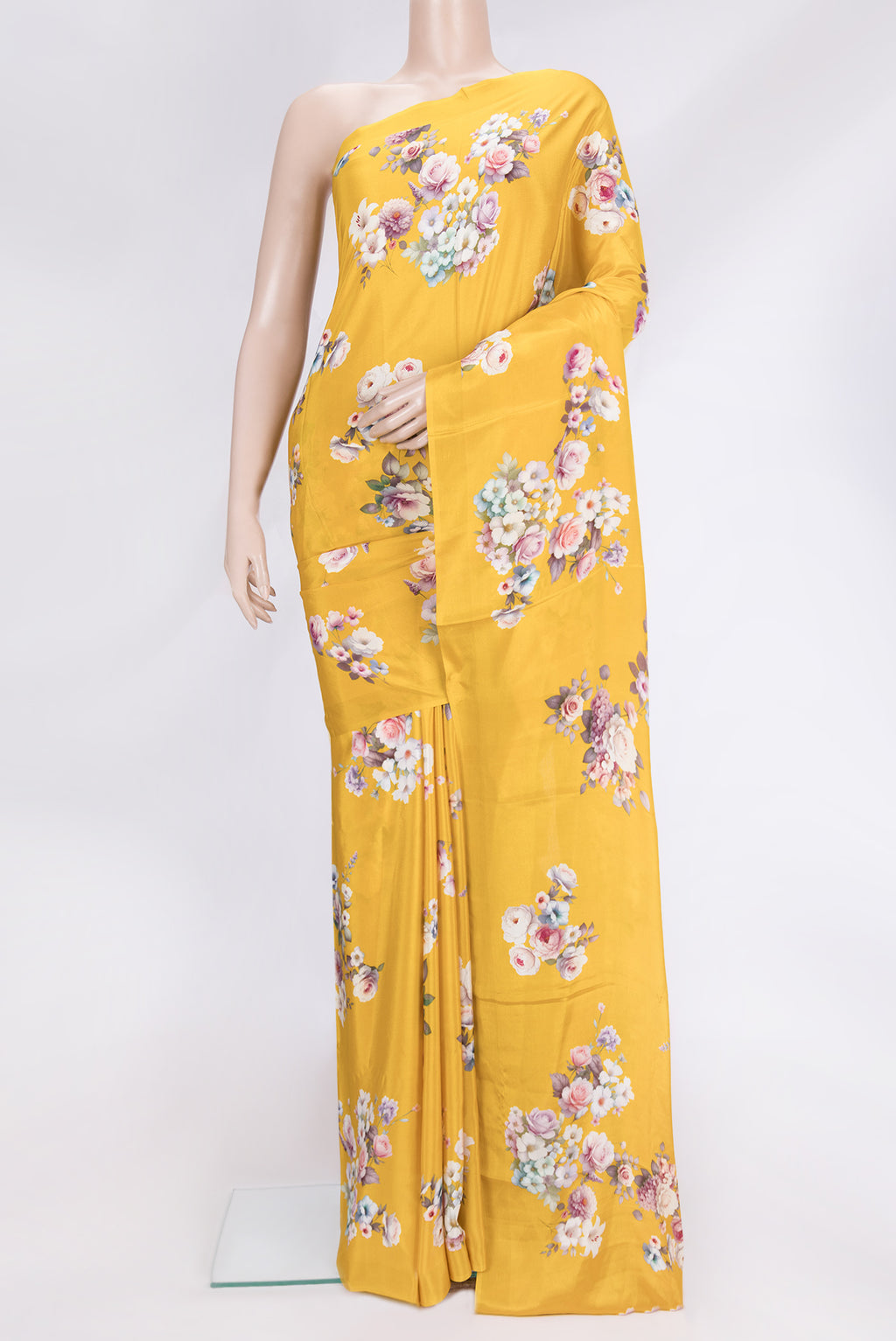 Yellow Dual Tone Mysore Crepe Saree with Printed design on the body and Without Border.  displayed on a mannequin