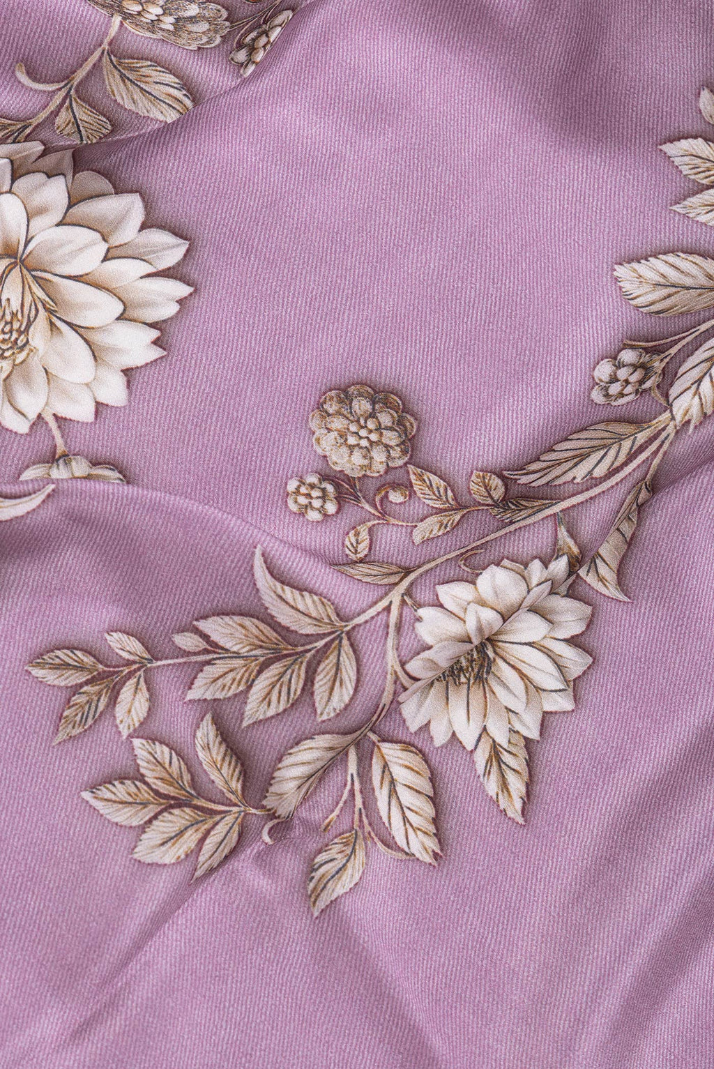 Close up of Purple Dual Tone Mysore Crepe Saree with Printed design on the body and Plain Border.  displaying folds
