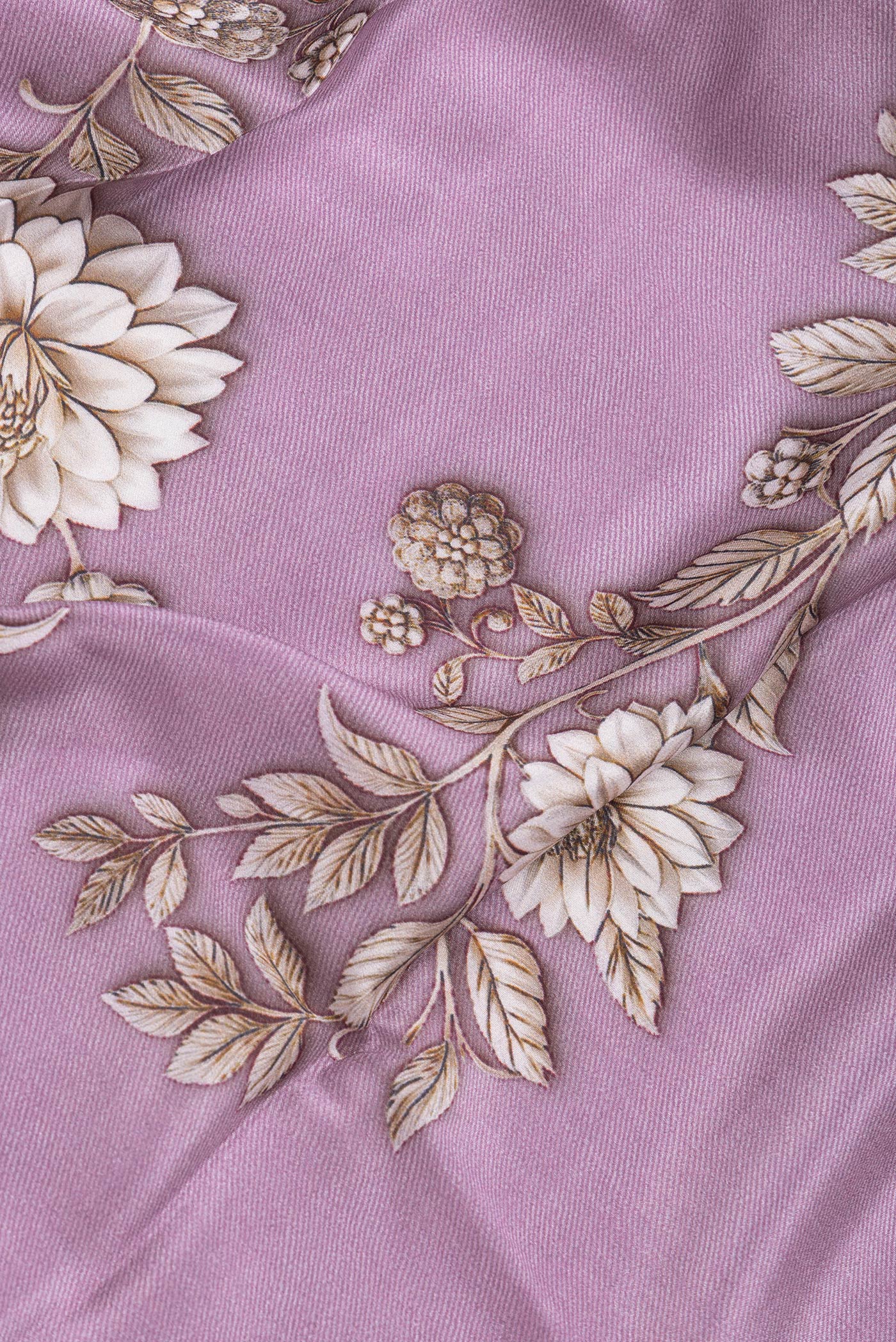 Close up of Purple Dual Tone Mysore Crepe Saree with Printed design on the body and Plain Border.  displaying folds