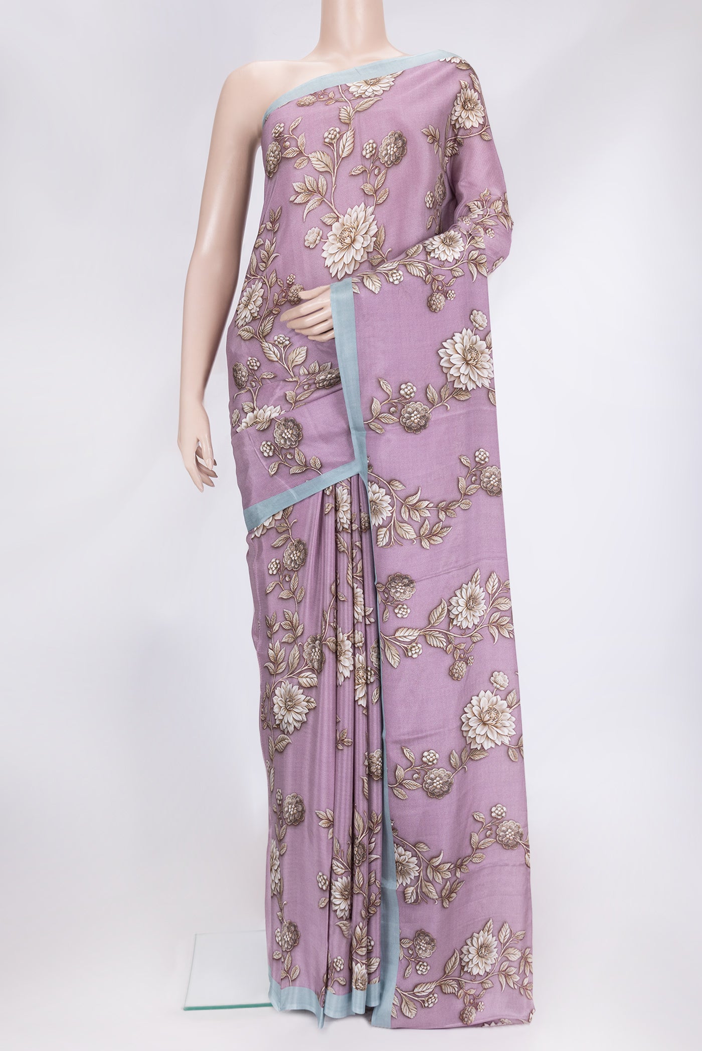 Purple Dual Tone Mysore Crepe Saree with Printed design on the body and Plain Border.  displayed on a mannequin