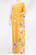 Yellow Crepe Saree with Floral Print on the body and Without Border.  displayed on a mannequin
