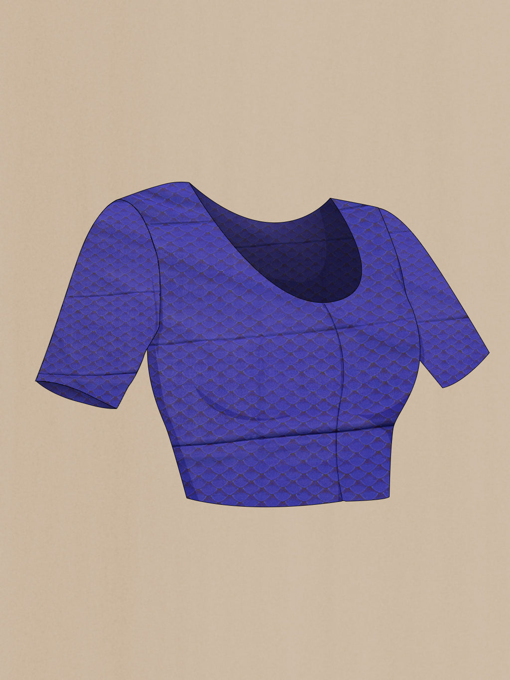 Close up image of the blouse of Violet Dual Tone Mysore Crepe Saree with Printed design on the body and Plain Border. 
