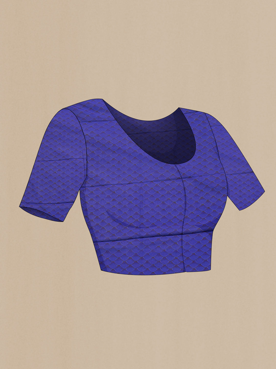 Close up image of the blouse of Violet Dual Tone Mysore Crepe Saree with Printed design on the body and Plain Border. 