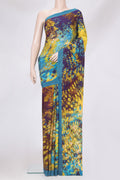 Mehandi Green Crepe Saree with Printed design on the body and Plain Border.  displayed on a mannequin