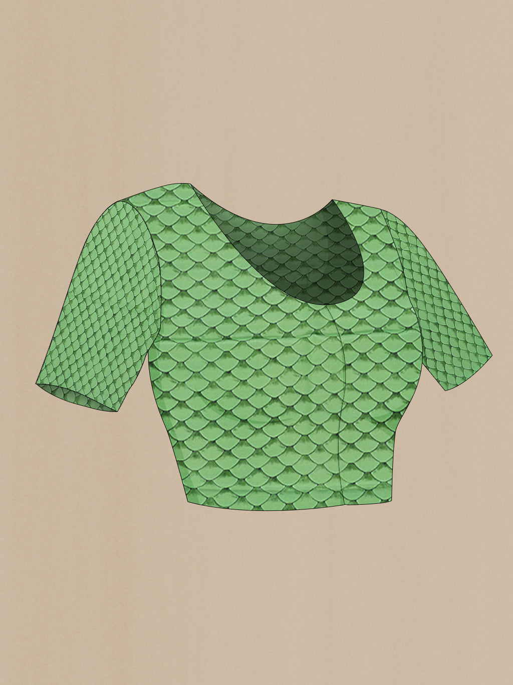 Close up image of the blouse of Green Crepe Saree with Printed design on the body and Plain Border. 