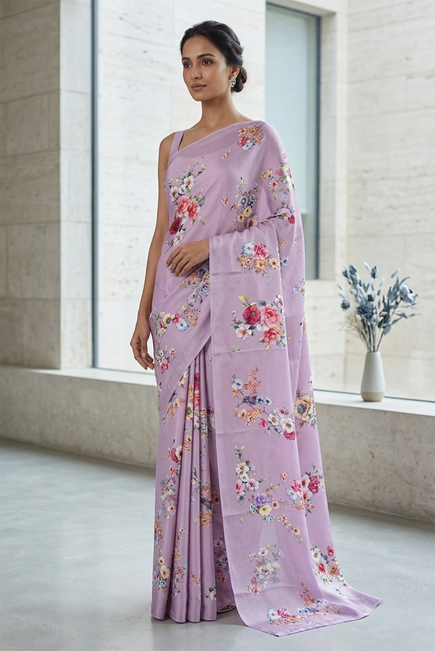Model wearing a Lavender Mysore Crepe Saree with Floral Print on the body and Without Border.