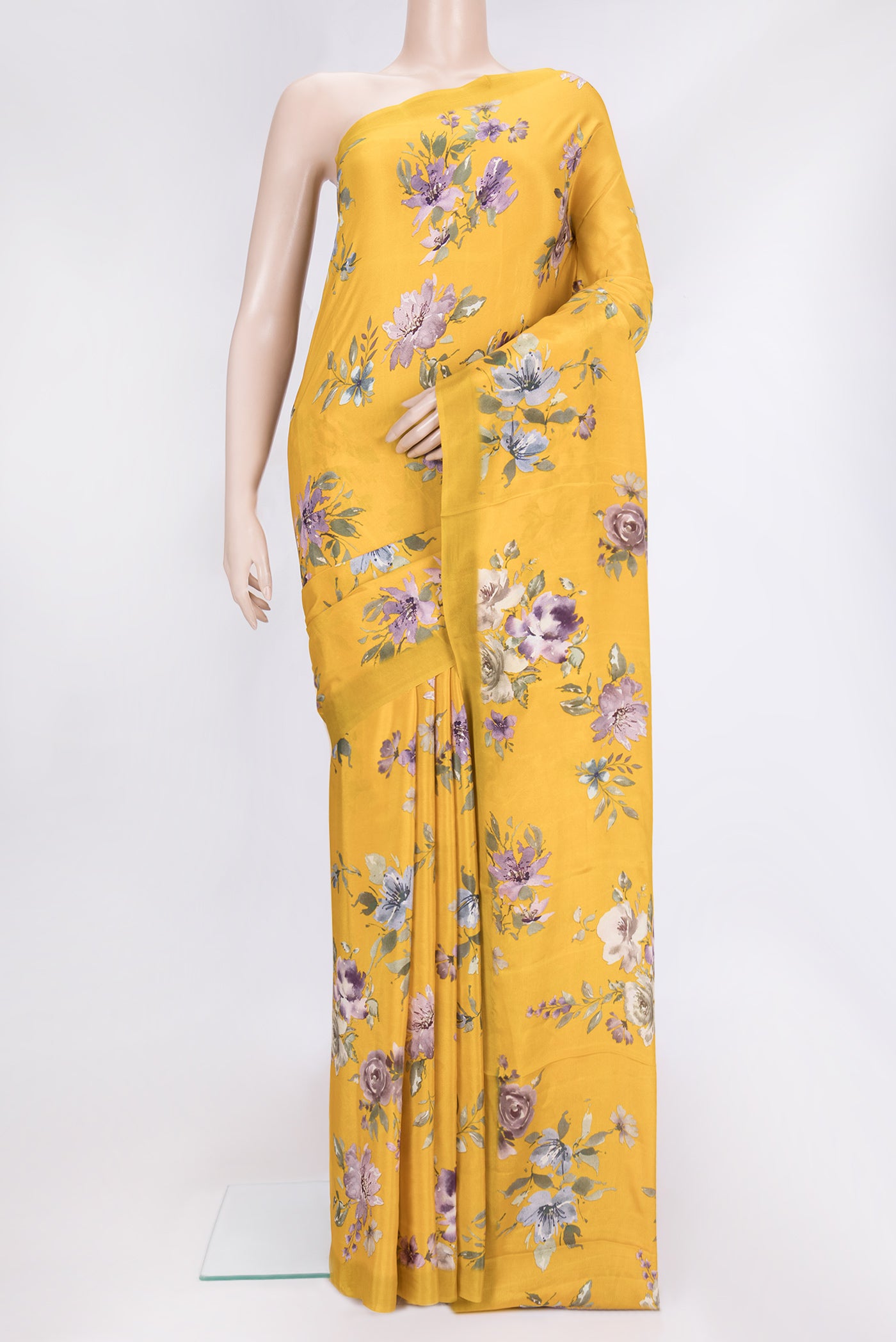 Yellow Dual Tone Mysore Crepe Saree with Printed design on the body and Without Border.  displayed on a mannequin