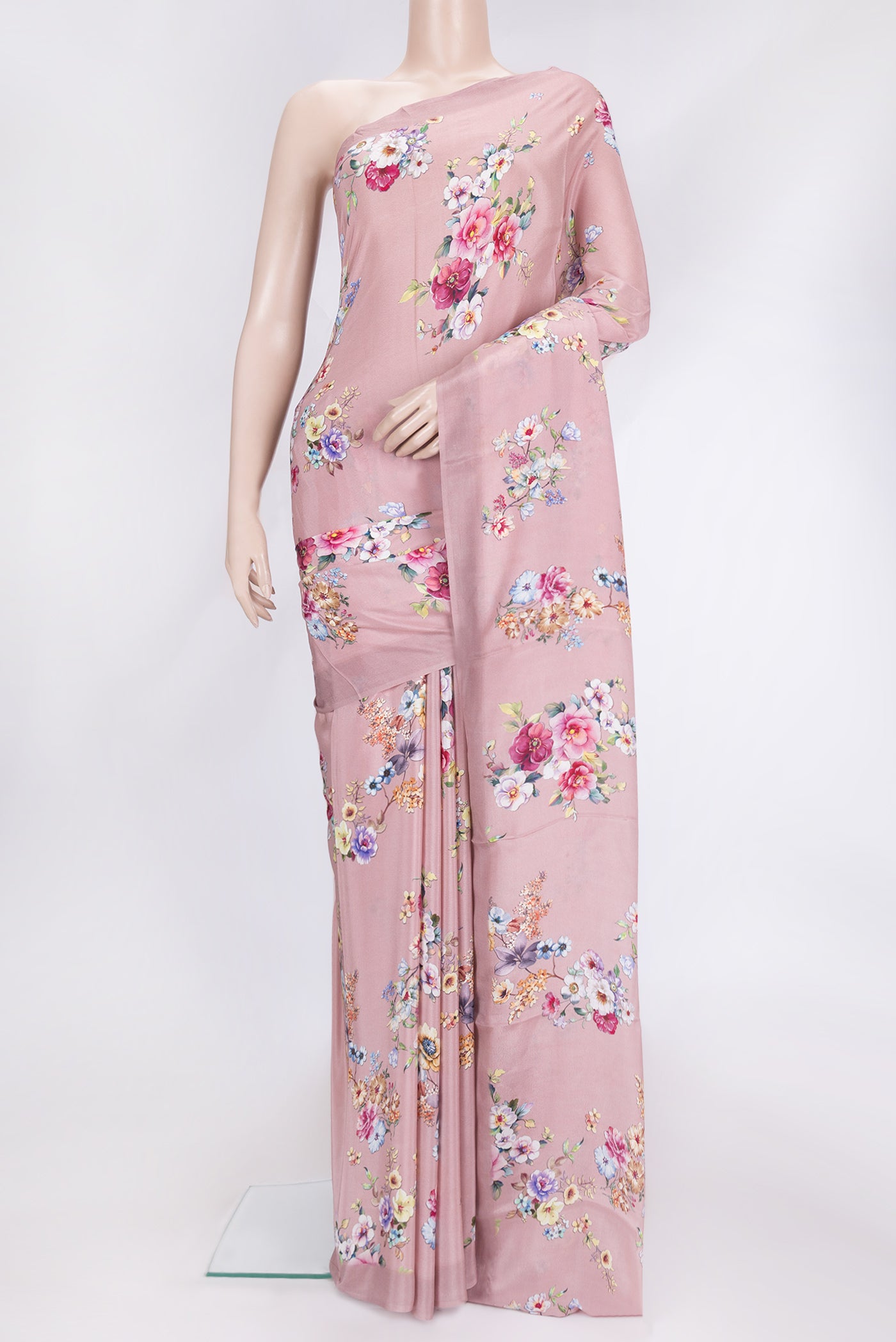 Pink Dual Tone Mysore Crepe Saree with Printed design on the body and Without Border.  displayed on a mannequin