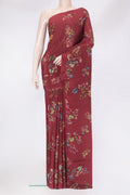 Maroon Crepe Saree with Floral Print on the body and Without Border.  displayed on a mannequin