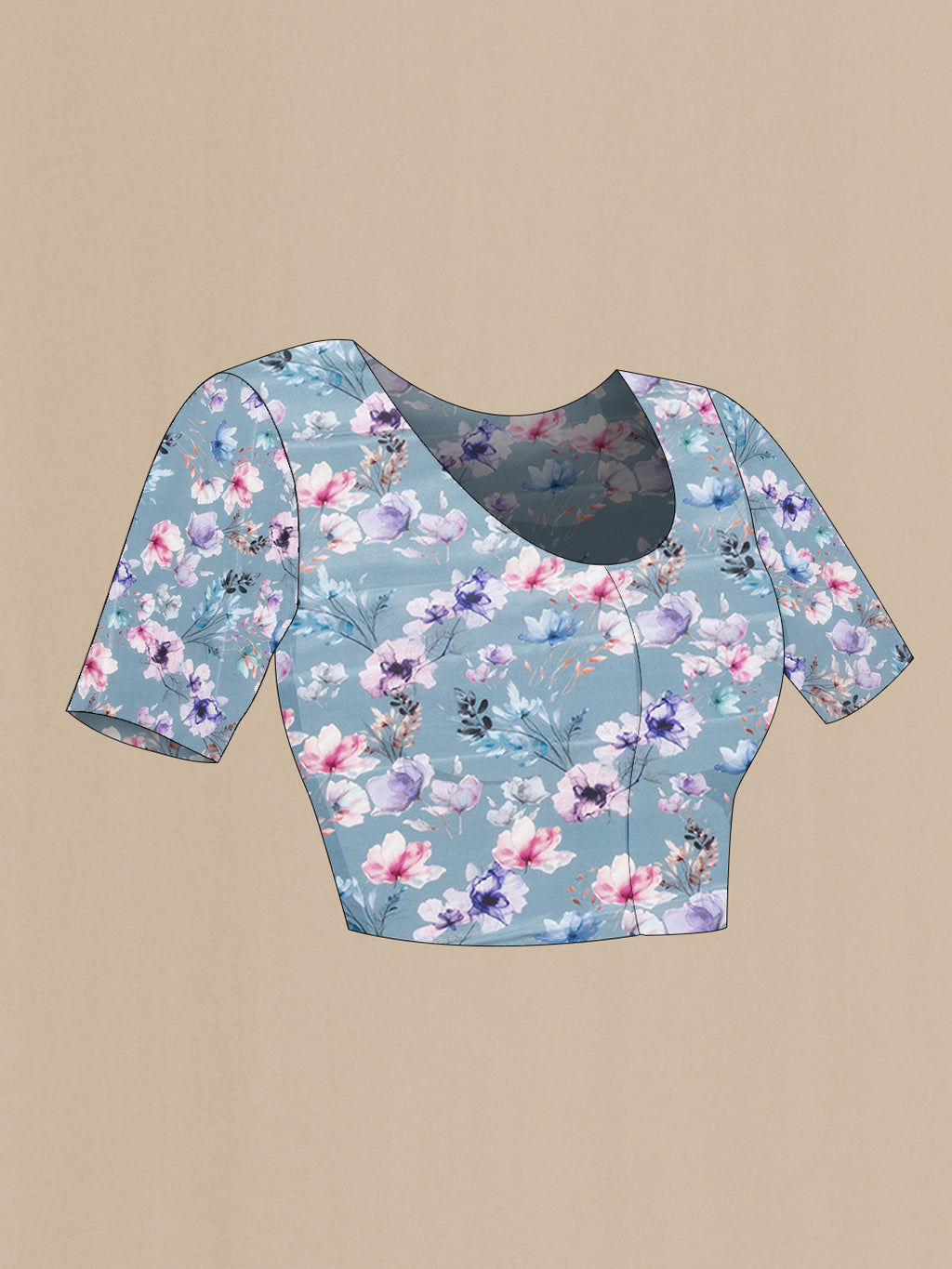 Close up image of the blouse of Grey Crepe Saree with Printed design on the body and Plain Border. 