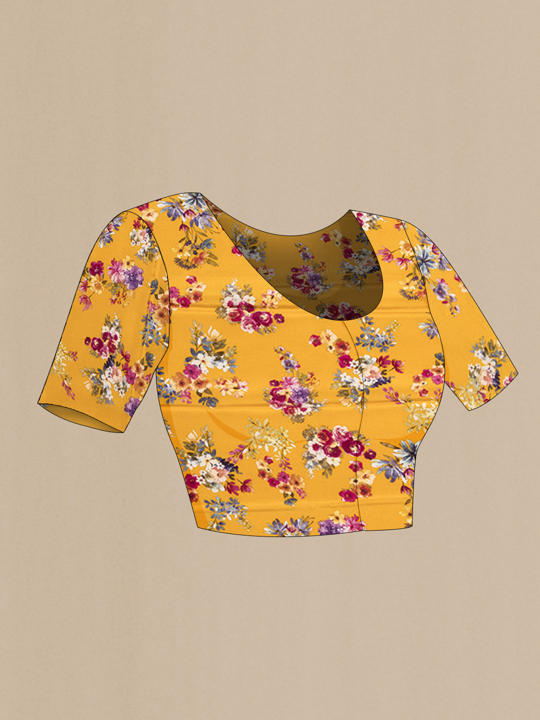Close up image of the blouse of Mustard Dual Tone Crepe Saree with Floral Print on the body and Plain Border. 