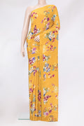 Mustard Dual Tone Crepe Saree with Floral Print on the body and Plain Border.  displayed on a mannequin