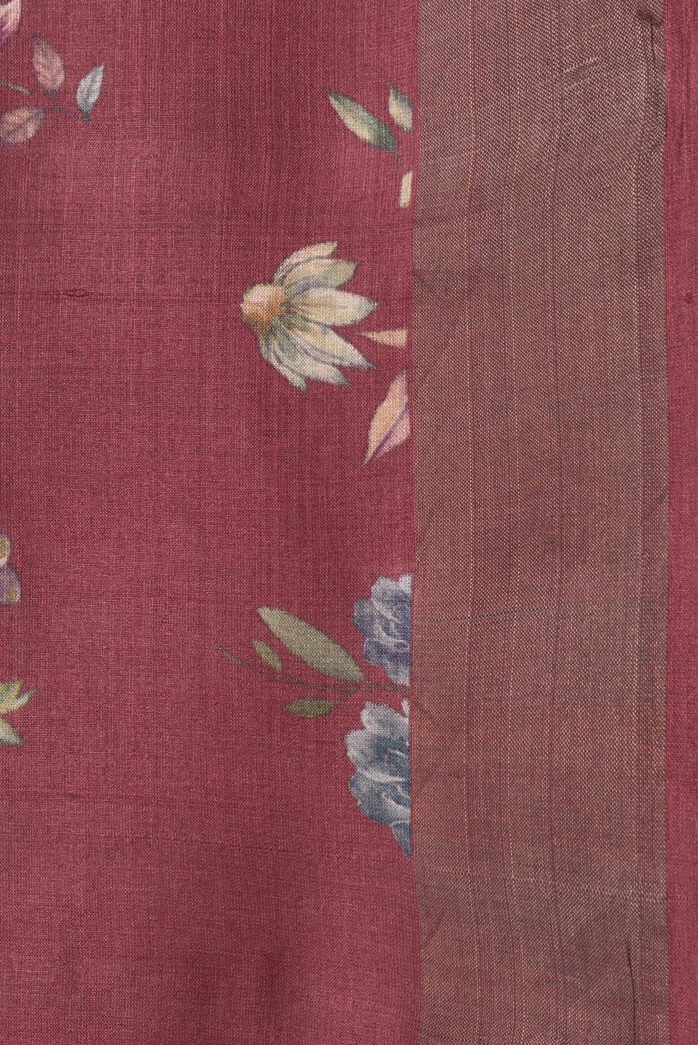 Border image of Maroon Dual Tone Tussar Silk Saree with Printed design on the body and Zari Border. 