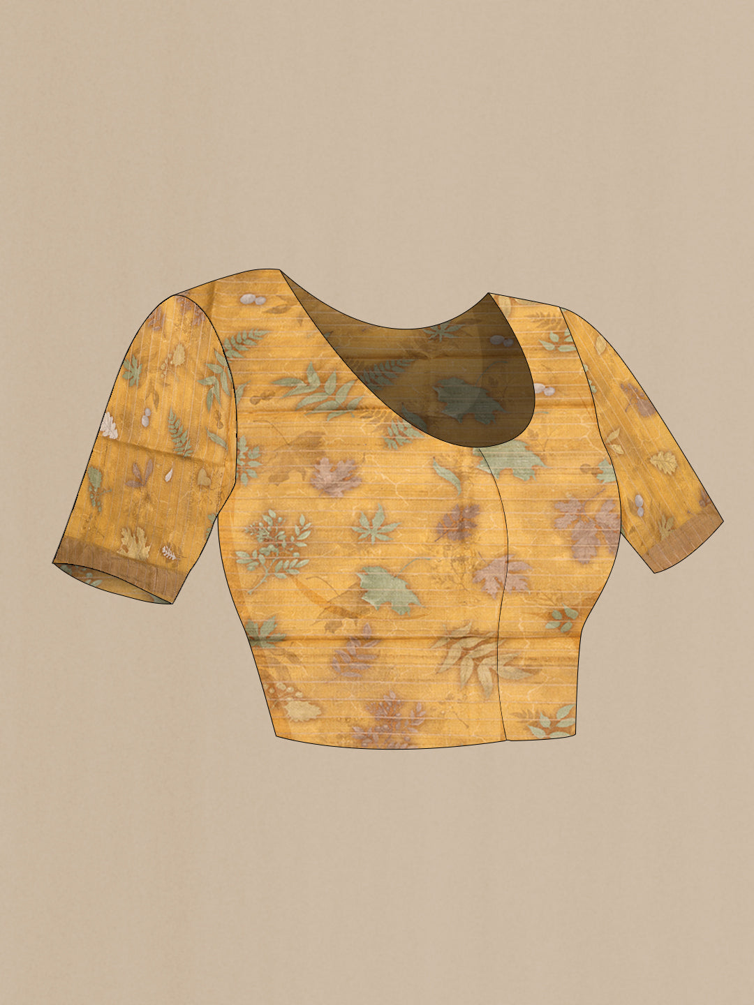 Close up image of the blouse of Mustard Tussar Silk Saree with Printed design on the body and Zari Border. 