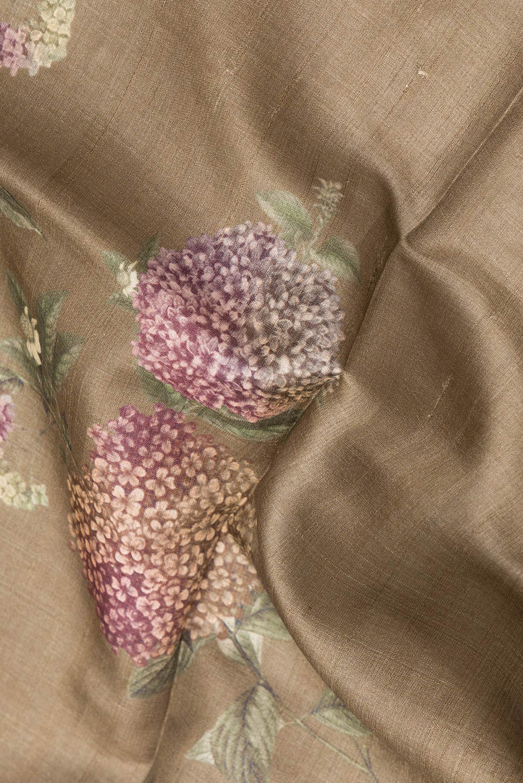 Close up of Brown Tussar Silk Saree with Printed design on the body and Zari Border.  displaying folds