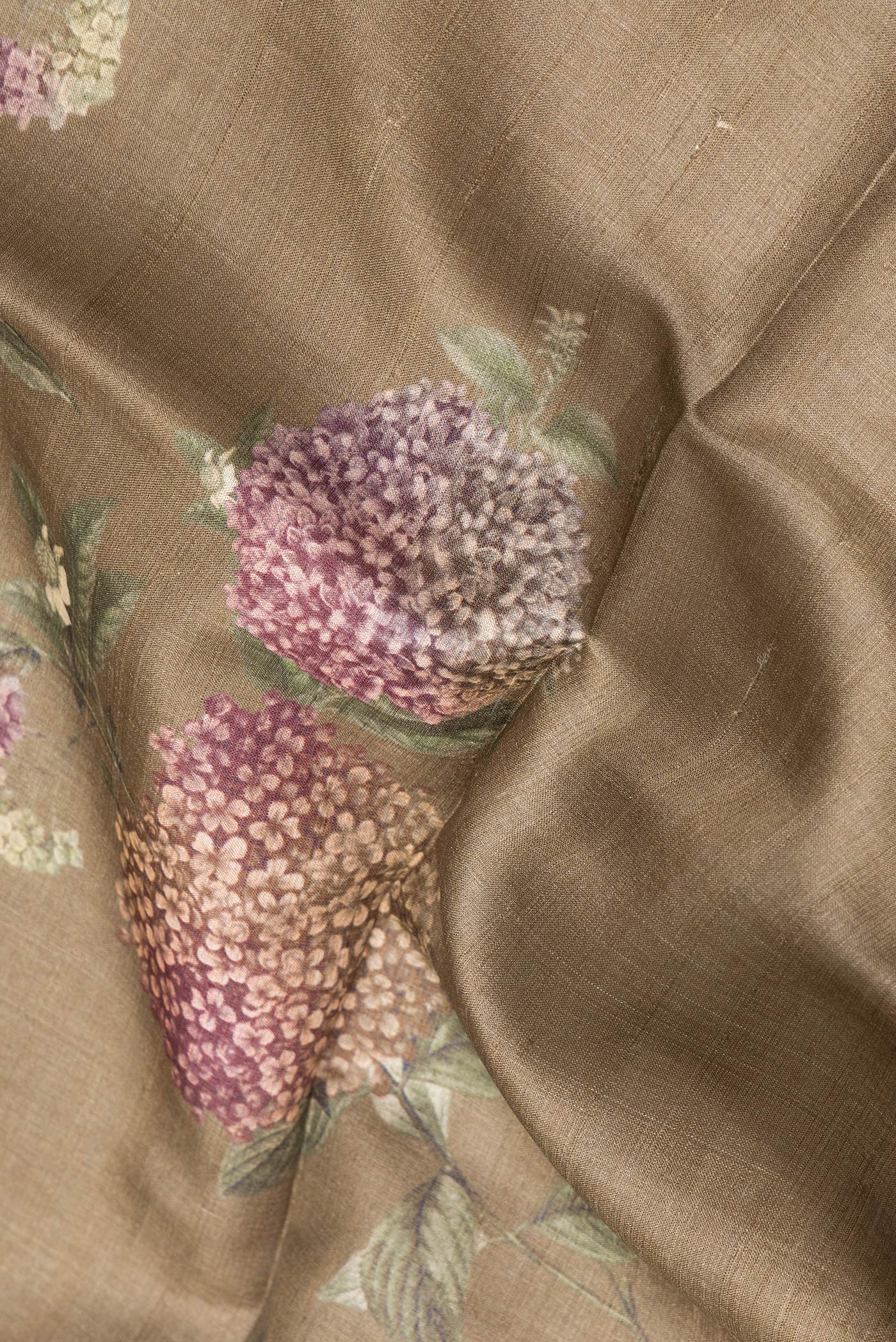 Close up of Brown Tussar Silk Saree with Printed design on the body and Zari Border.  displaying folds