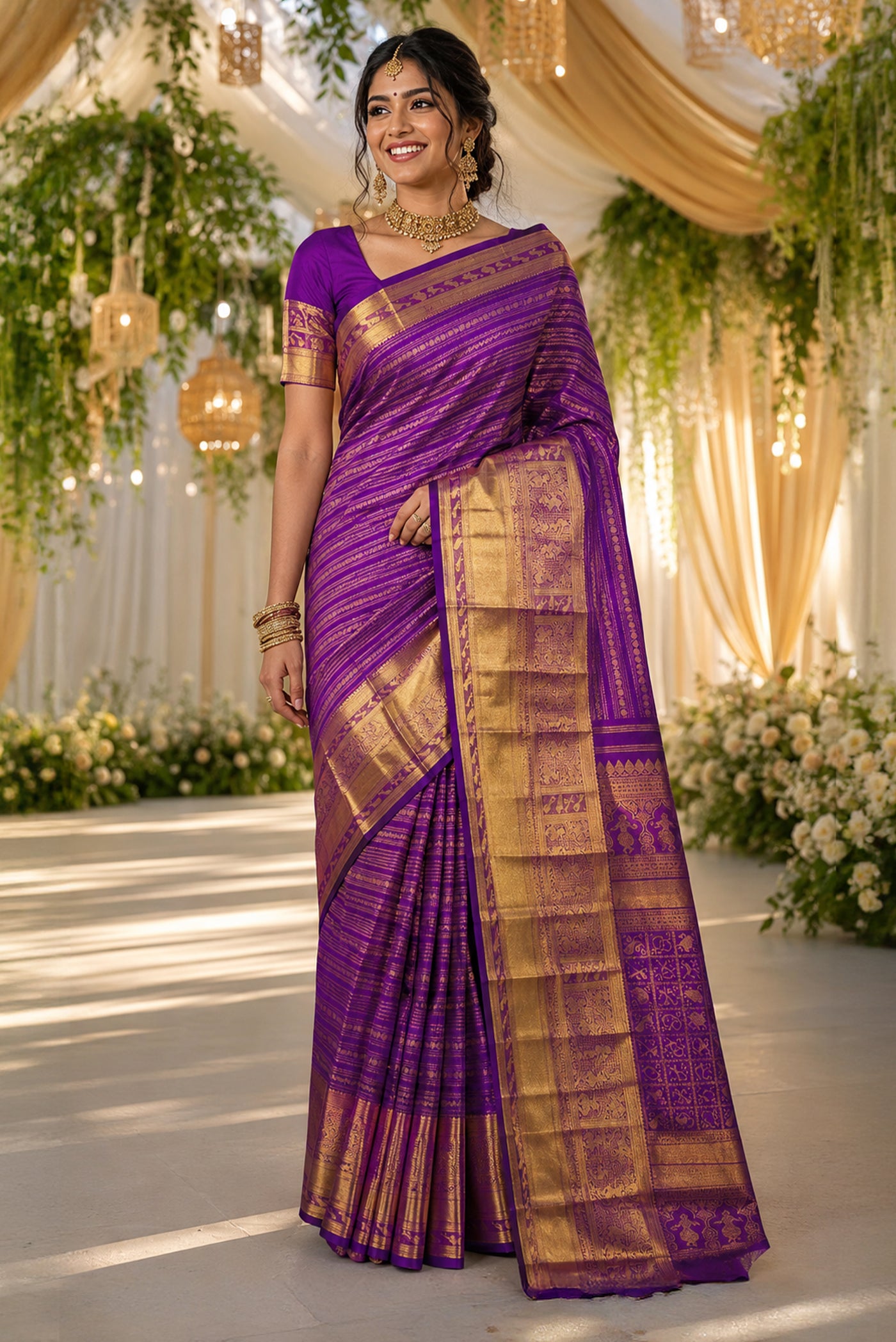 Model wearing a Purple Kanchipuram Silk Saree with Zari Brocade on the body and Zari Border.