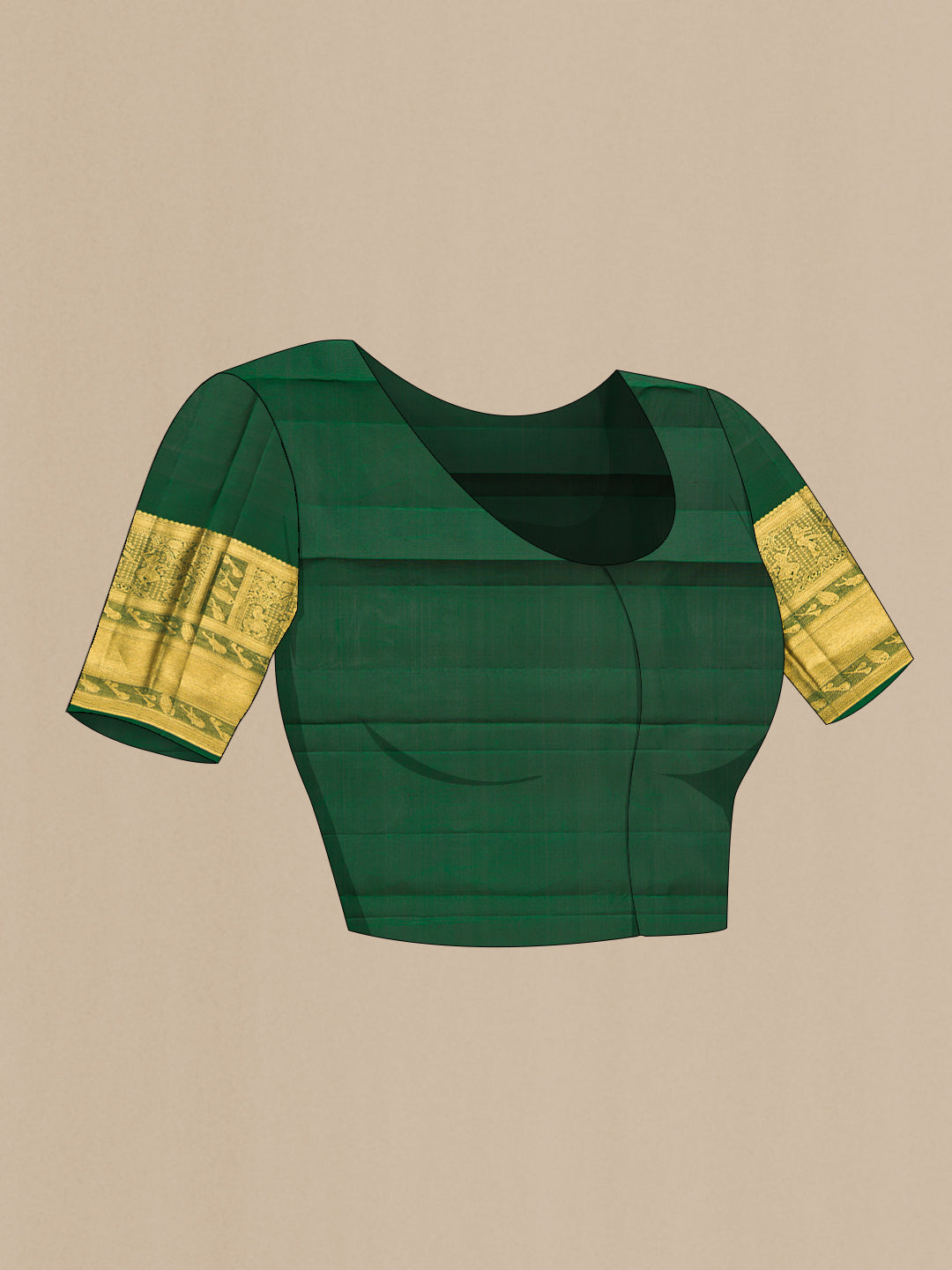 Close up image of the blouse of Pure Silk Bottle Green Kanchipuram Saree with Zari Brocade on the body and Fancy Border. 