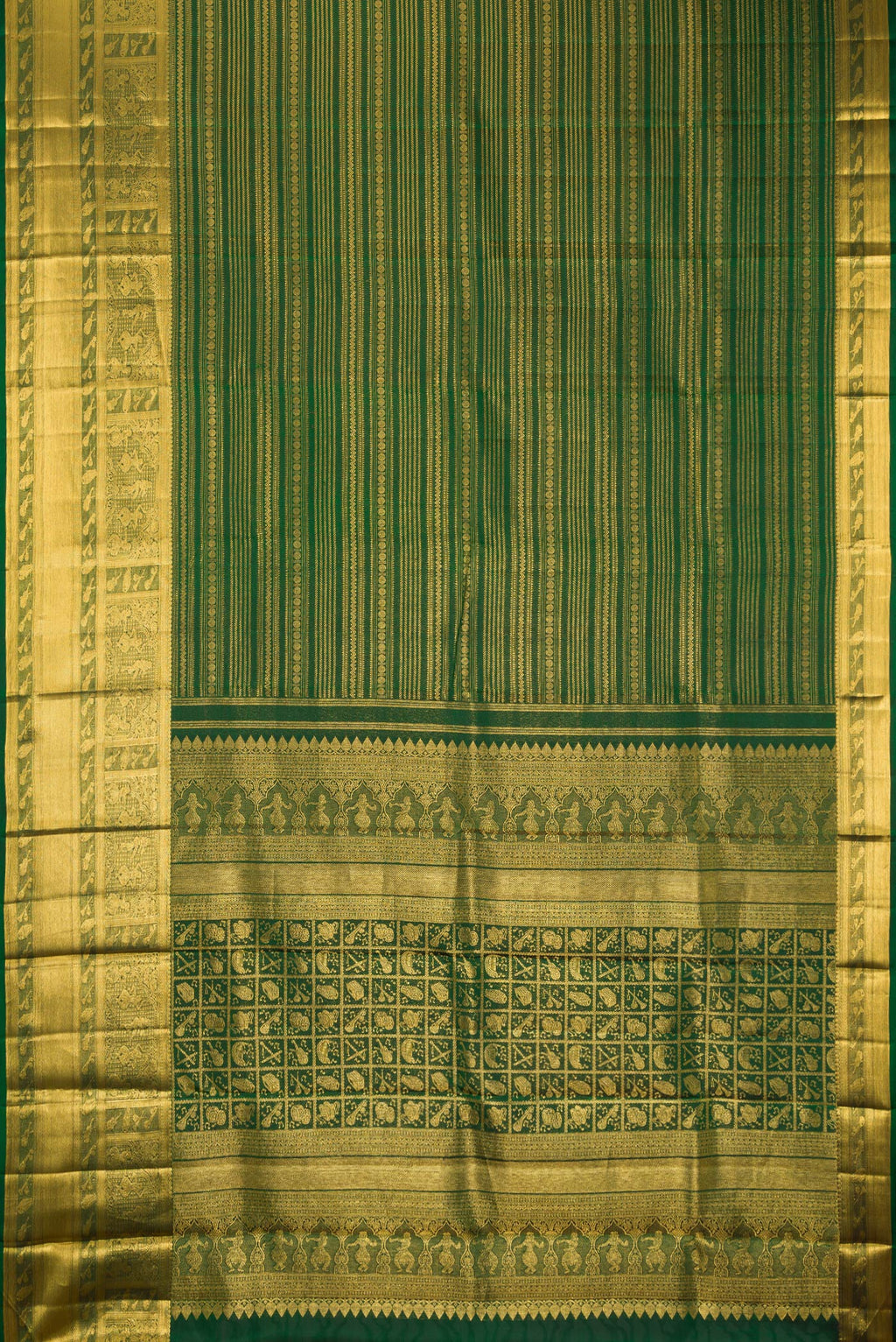 Flat view of Pure Silk Bottle Green Kanchipuram Saree with Zari Brocade on the body and Fancy Border. 