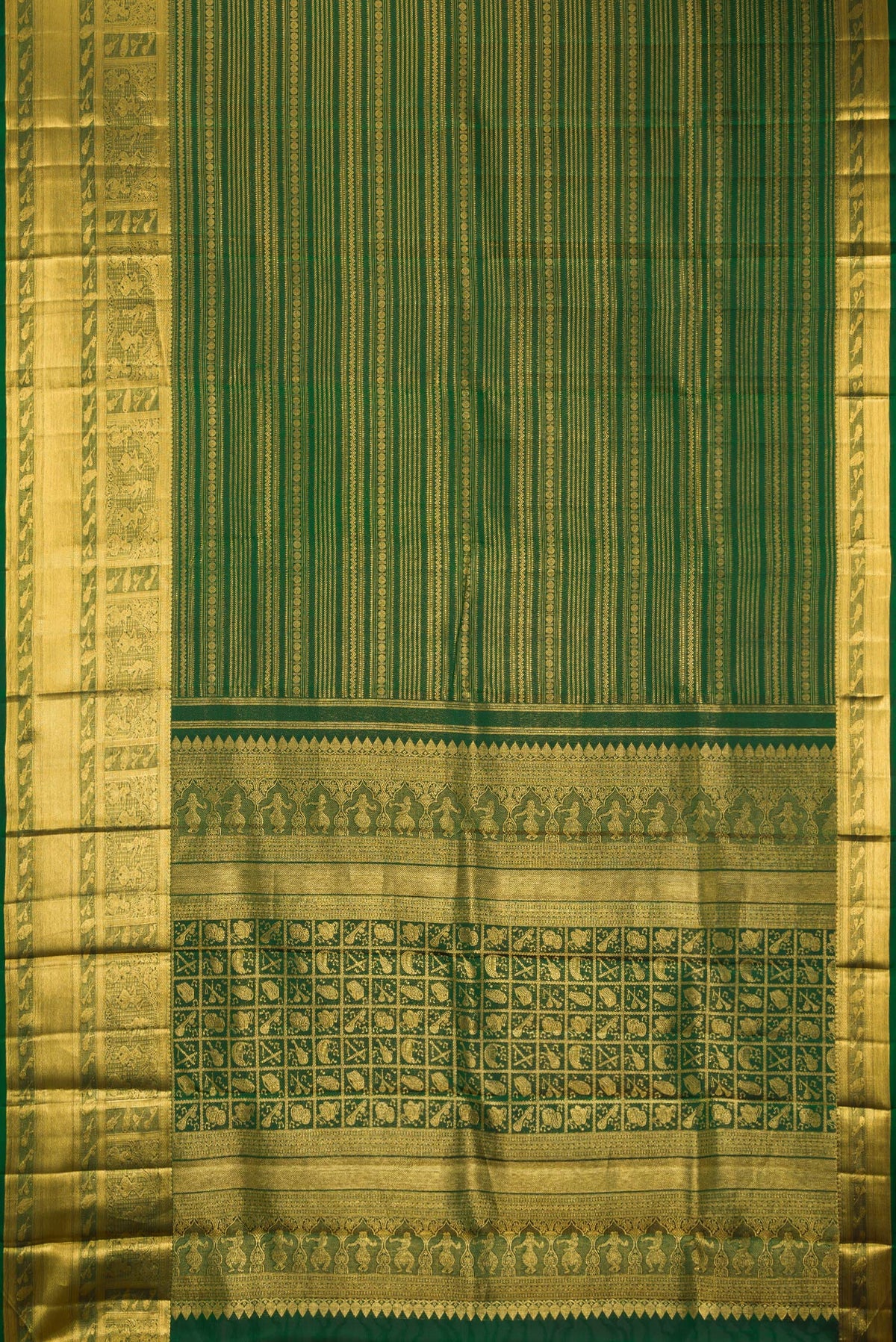 Flat view of Pure Silk Bottle Green Kanchipuram Saree with Zari Brocade on the body and Fancy Border. 