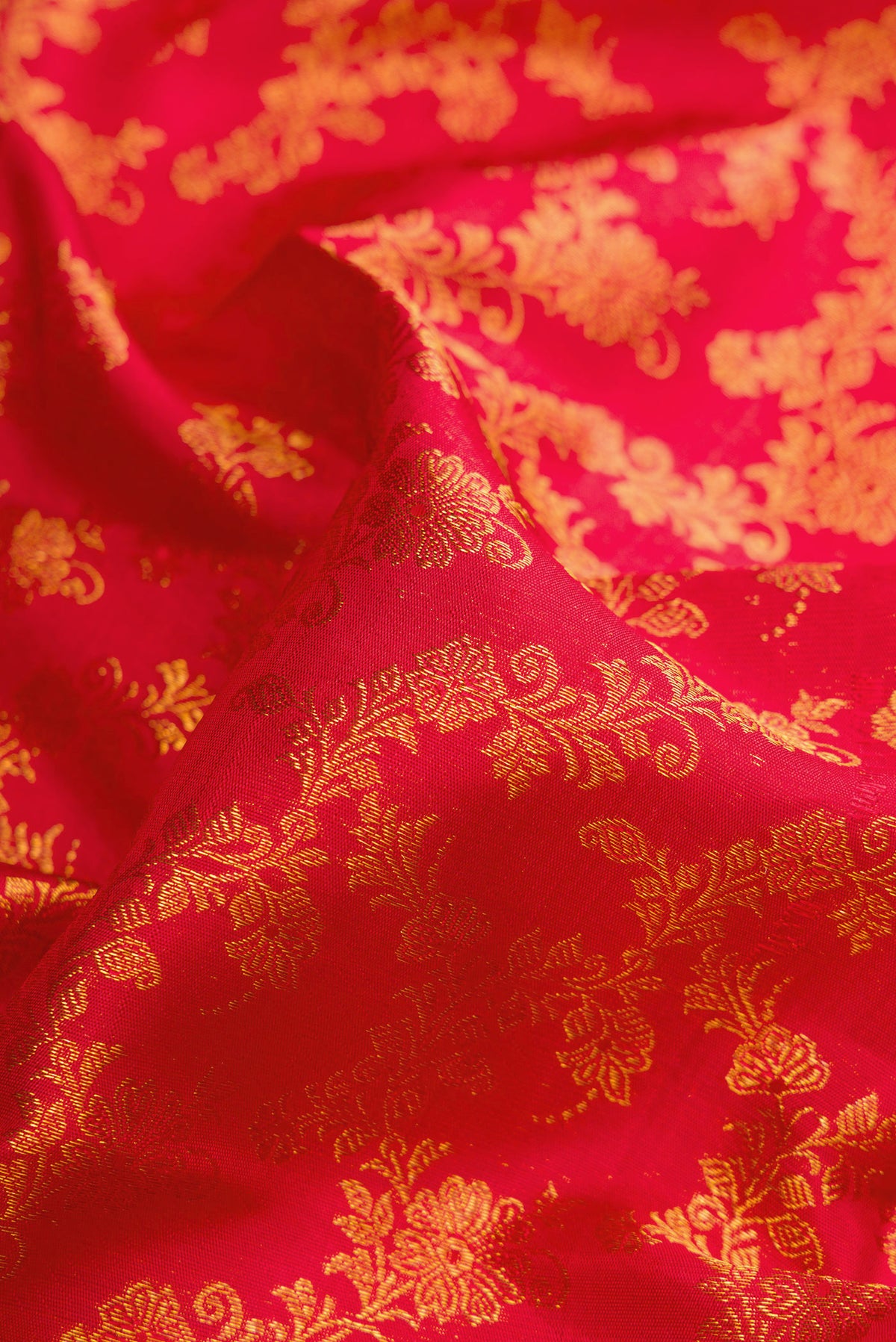 Close up of Red Dual Tone Kanjivaram Silk Saree with Zari Brocade on the body and Zari Border.  displaying folds