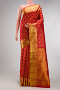 Red Dual Tone Kanjivaram Silk Saree with Zari Brocade on the body and Zari Border.  displayed on a mannequin
