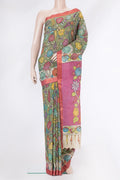 Mehandi Green Dual Tone Tussar Silk Saree with Printed design on the body and Zari Border.  displayed on a mannequin