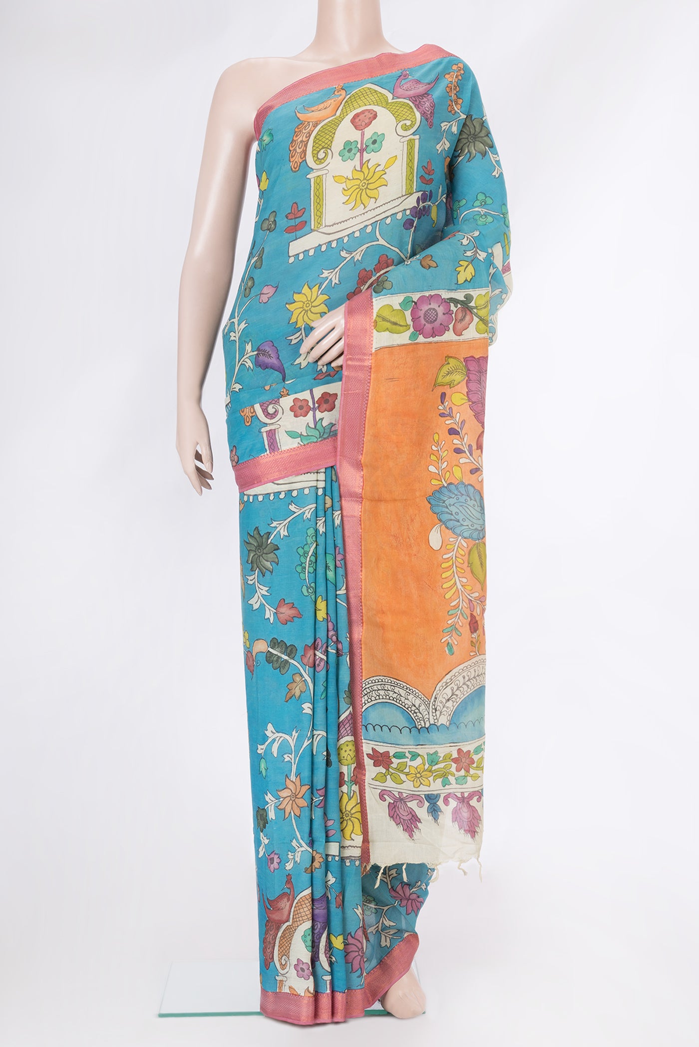 Blue Dual Tone Tussar Silk Saree with Printed design on the body and Zari Border.  displayed on a mannequin