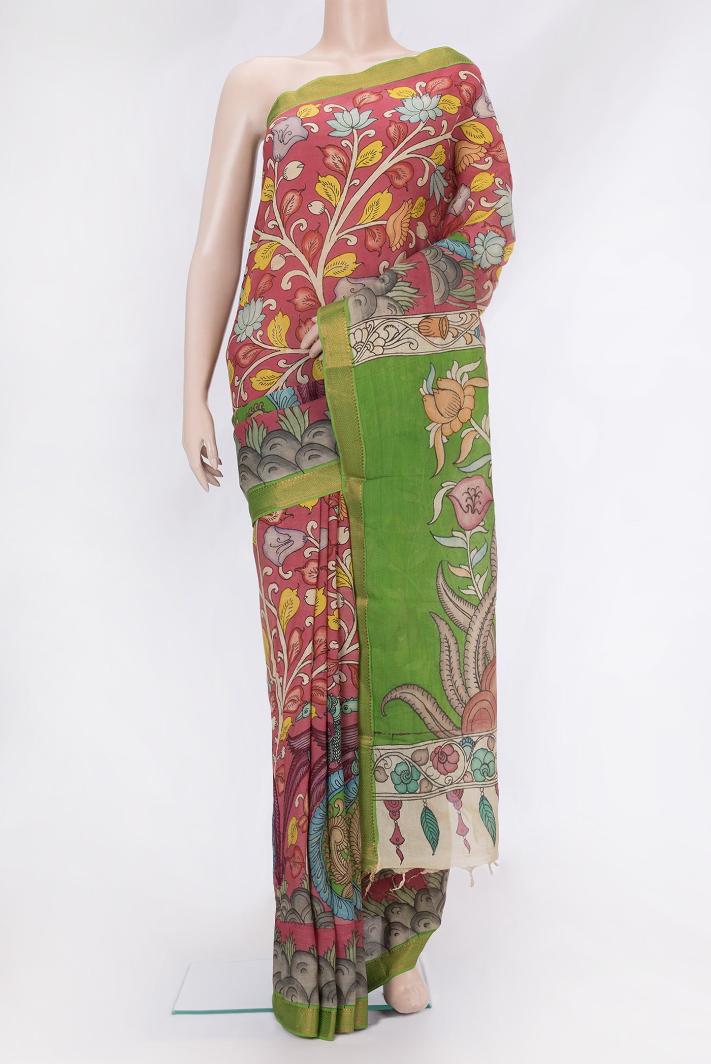 Pink Dual Tone Tussar Silk Saree with kalamkari Print on the body and Zari Border.  displayed on a mannequin