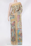 Beige Tussar Silk Saree with kalamkari Print on the body and Zari Border.  displayed on a mannequin