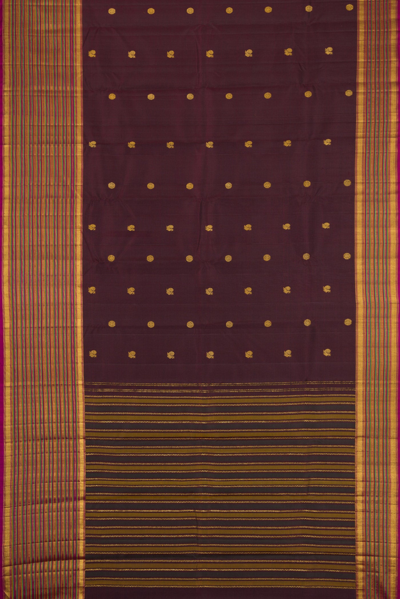 Flat view of Burgundy Dual Tone Kanjivaram Silk Saree with Zari Butta on the body and Zari Border. 