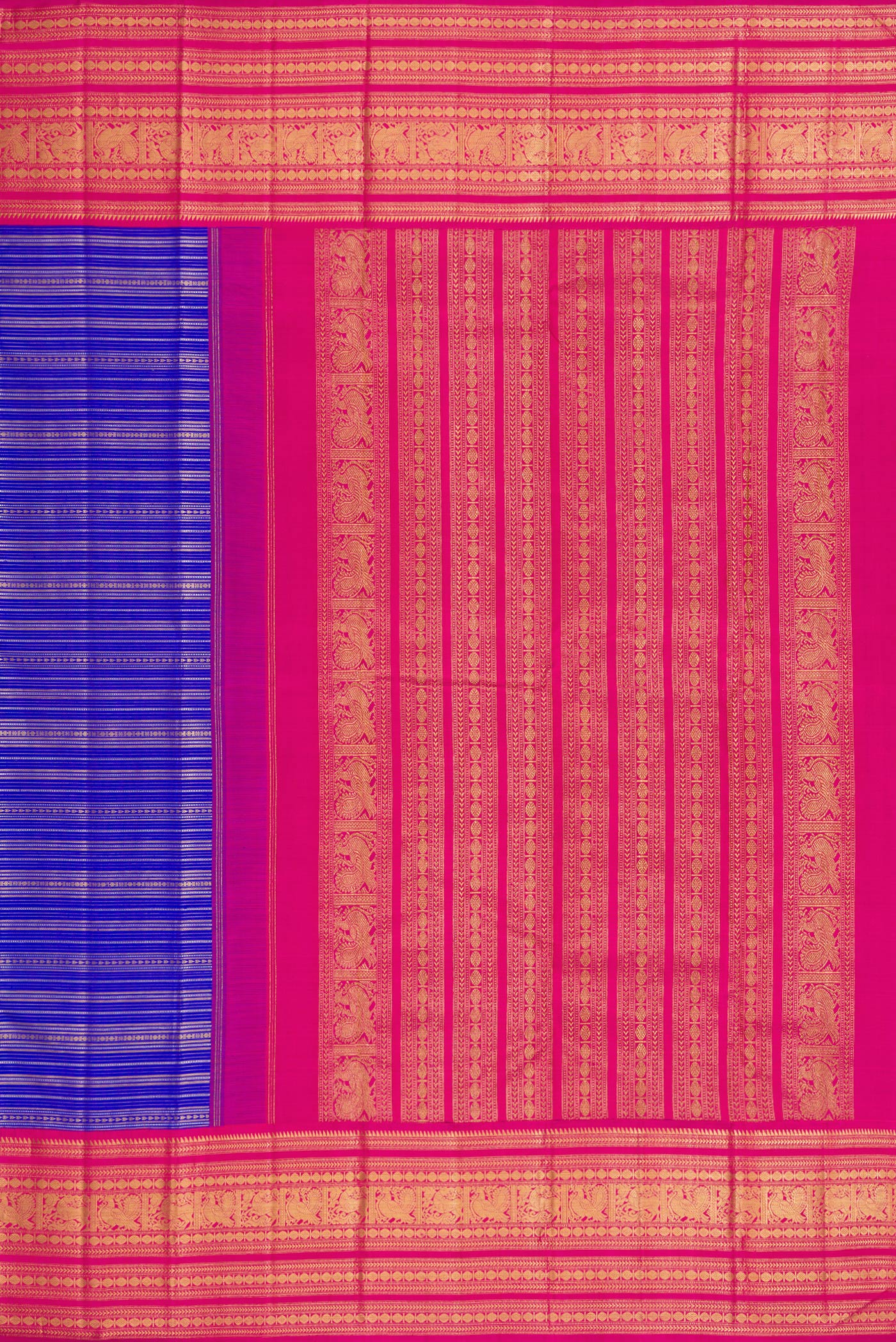 Close up image of the pallu of Pure Silk Pure Zari Royal Blue Dual Tone Kanchipuram Saree with Stripes on the body and Zari Border. 