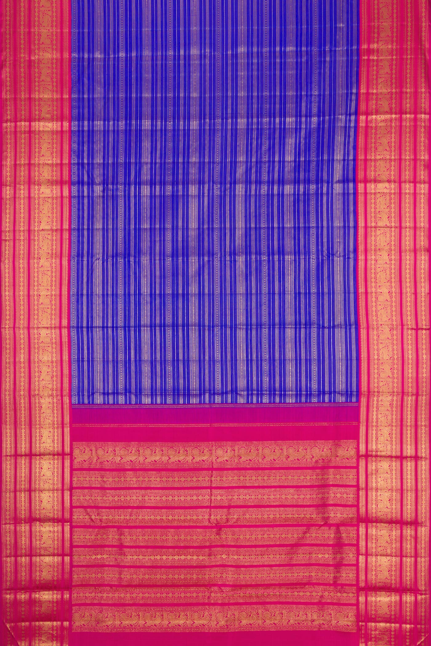Flat view of Pure Silk Pure Zari Royal Blue Dual Tone Kanchipuram Saree with Stripes on the body and Zari Border. 
