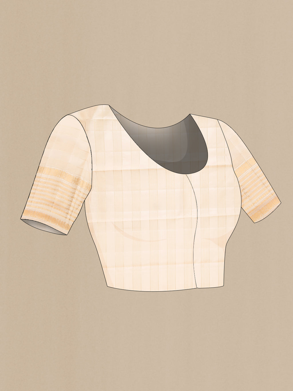 Close up image of the blouse of Beige Dual Tone Kanchipuram Silk Saree with Checked design on the body and Fancy Border. 