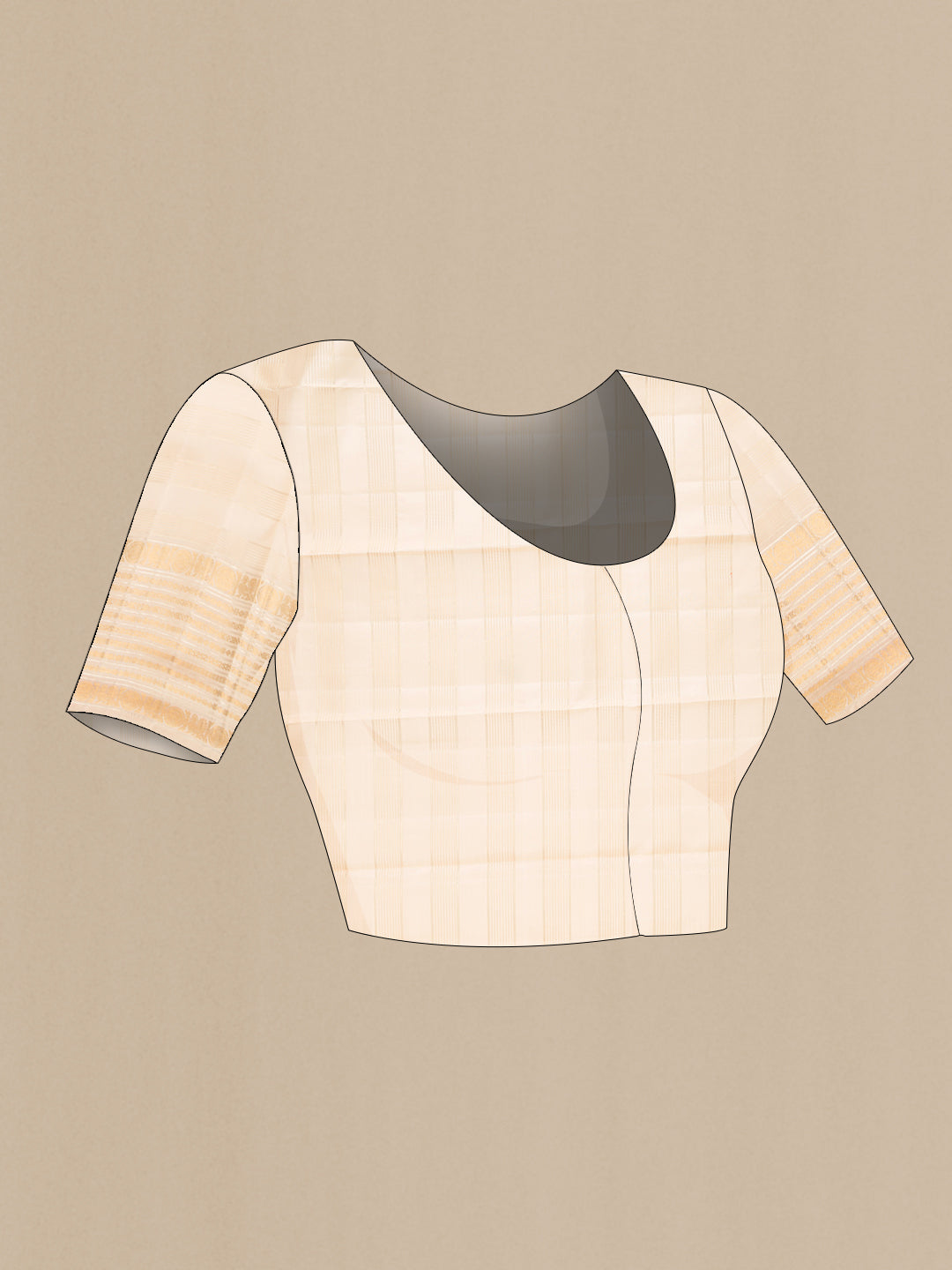 Close up image of the blouse of Beige Dual Tone Kanchipuram Silk Saree with Checked design on the body and Fancy Border. 