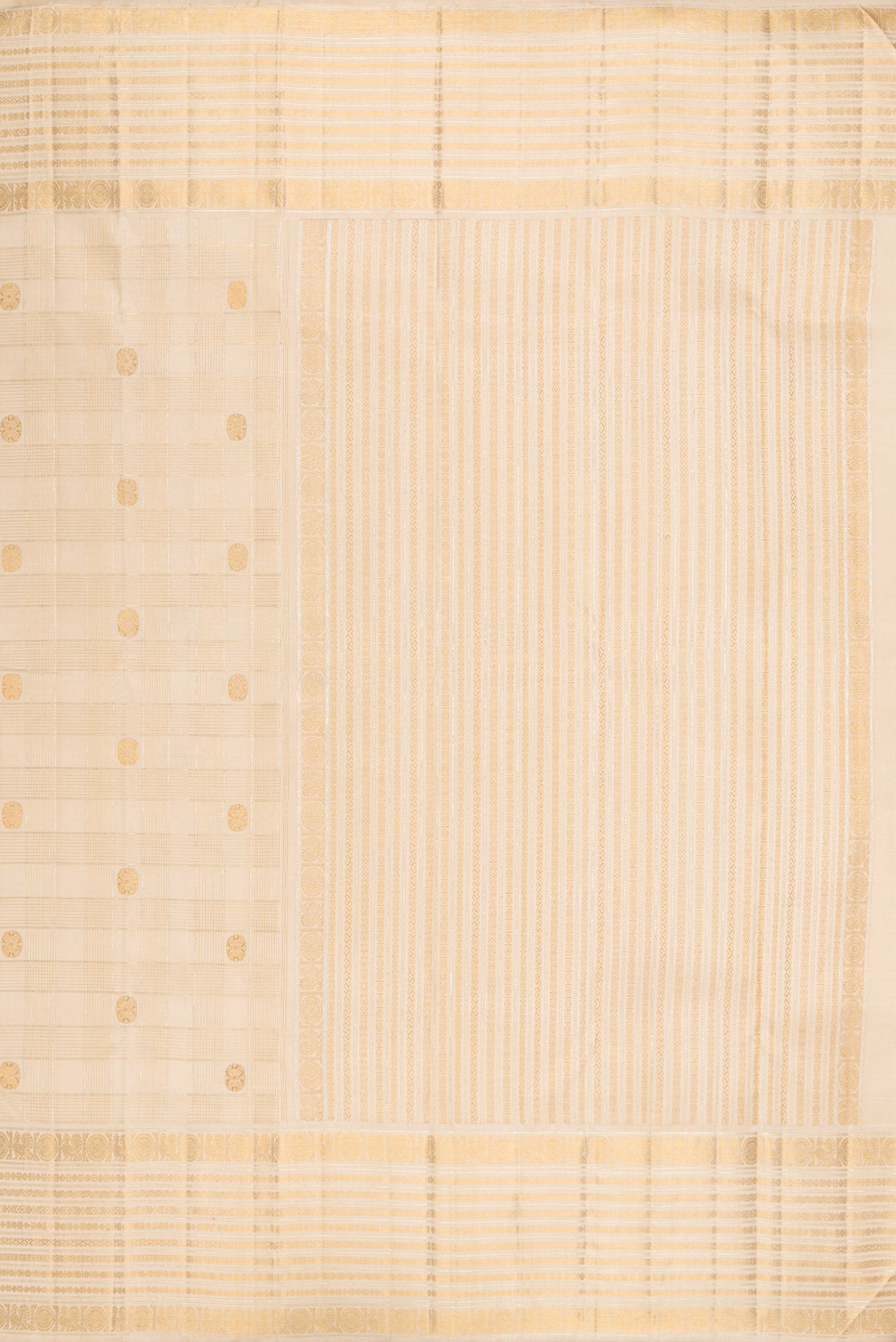 Close up image of the pallu of Beige Dual Tone Kanchipuram Silk Saree with Checked design on the body and Fancy Border. 